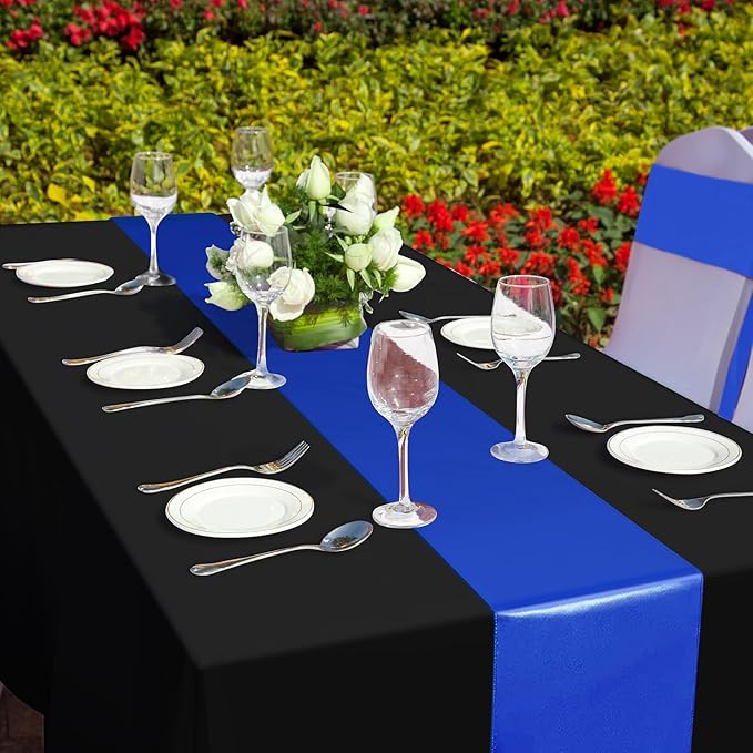 12Pack 12x108 Inch Satin Table Runner and 54x108Inch Plastic Tablecloths Set Black and Blue Disposable Rectangle Table Cover for Graduation Wedding Bridal Shower Anniversary Birthday Party Decorations