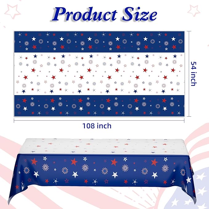 Patriotic Tablecloth Decorations for 4th of July Independence Day, American Flag Plastic Disposable Rectangle Memorial Day Table Cover for Patriotic Themed Party Supplies, 54 x 108 Inch,3 Pack