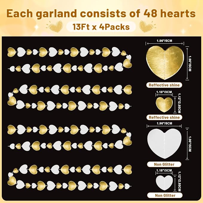 GCQQ White Gold Heart Garlands - 52Ft Glitter Valentines Day Decorations 4 Packs Paper Heart Hanging Streamers Garland for Valentine's Day Party Decoration Wedding Birthday Bridal Shower Decor