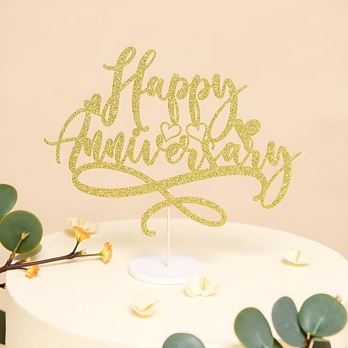 Happy Anniversary Cake Topper, celebrate Company Wedding Birthday Party Decoration Gold Glitter(Anniversary)