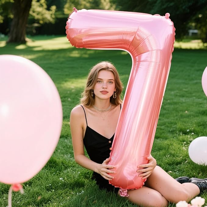 40 Inch Pearlescent Pink Balloon Number 7 First Birthday Jumbo Mylar Foil Helium Balloon for 17 27 37 Birthday Digital for 70th Party Wedding Anniversary Party Decorations