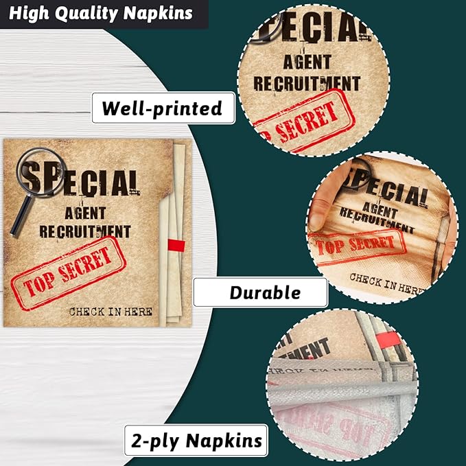 chiazllta 96 Pcs Secret Agent Birthday Party Paper Plate and Napkin Top Secret Spy Detective Plates Napkins, and Forks Party Set Escape Room Tableware Kit for Party Favors 24 Guests