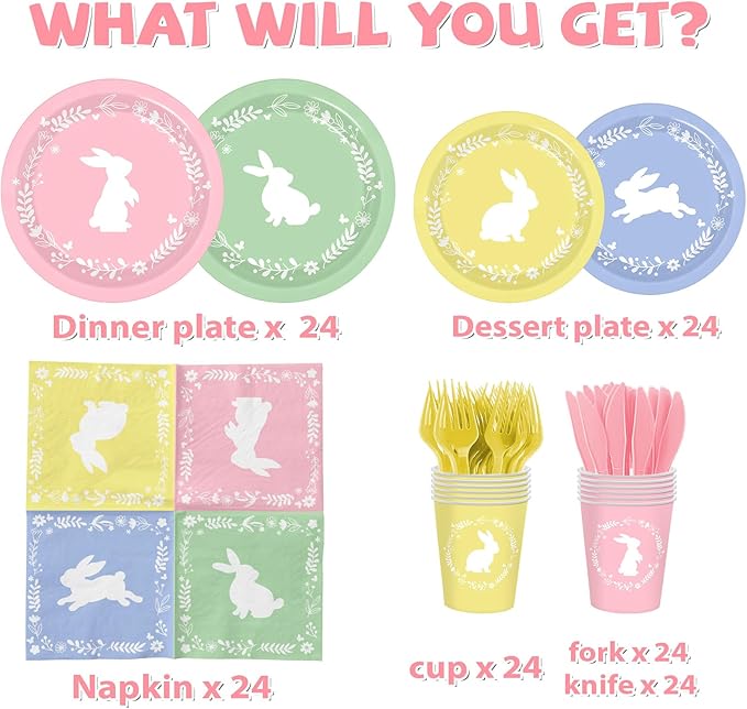 Easter Plates and Napkins, 144Pcs Easter Decorations Colorful Bunny Paper Plates and Napkins, Cups, Forks, Knives for Spring Easter Bunny Picnic Party Supplies, Serves 24