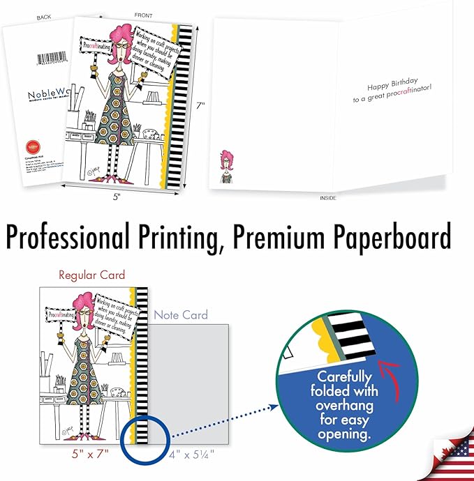 NobleWorks - 1 Funny Birthday Card for Women, Wife - Happy Bday Cartoon, Woman Notecard with Envelope - Procraftinating C3664BDG