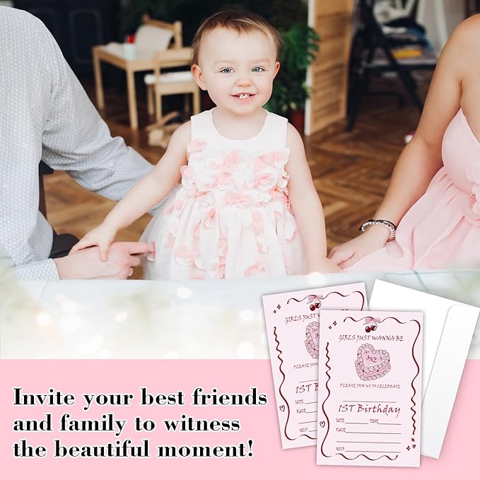 Pink Bow First Birthday Invites Cards Party Invitation Cards for Girls Kids Adults Party Invitations 4x6 Inch Invitations with Envelopes 20 Pcs Double Sided Invitation Card for Girls 1st Birthday YT85