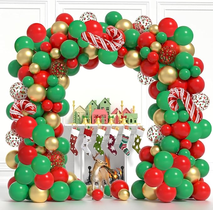 Christmas Balloons Garland Arch Kit, 116 Pcs Gold Red Green Confetti Balloons with Candy Cane Foil Balloon for Christmas Party Decorations Birthday Xmas Party Supplies
