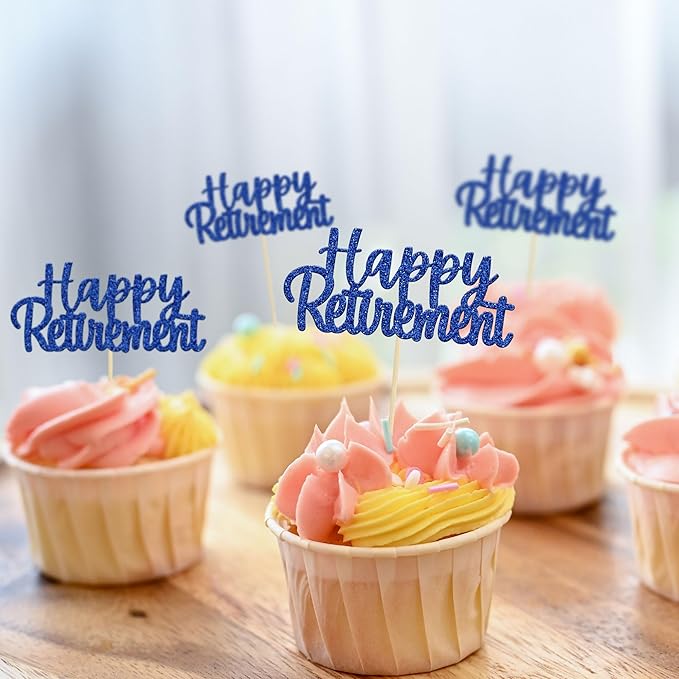 Gyufise 36 Pack Happy Retirement Cupcake Toppers Blue Glitter Retired Cupcake Picks Decorations for Retirement Theme Birthday Party Cake Decorations