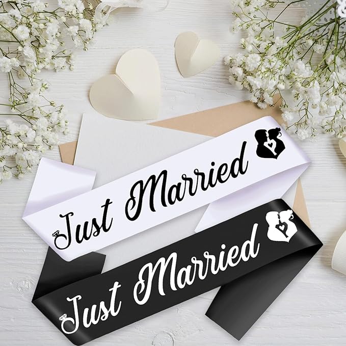 "Just Married - 2 Pcs Bride to Be Sash and Groom to Be Sash Kit, Black White Bachelorette & Bachelor Party Sashes for Wedding Bridal Shower Decorations Engagement Gifts