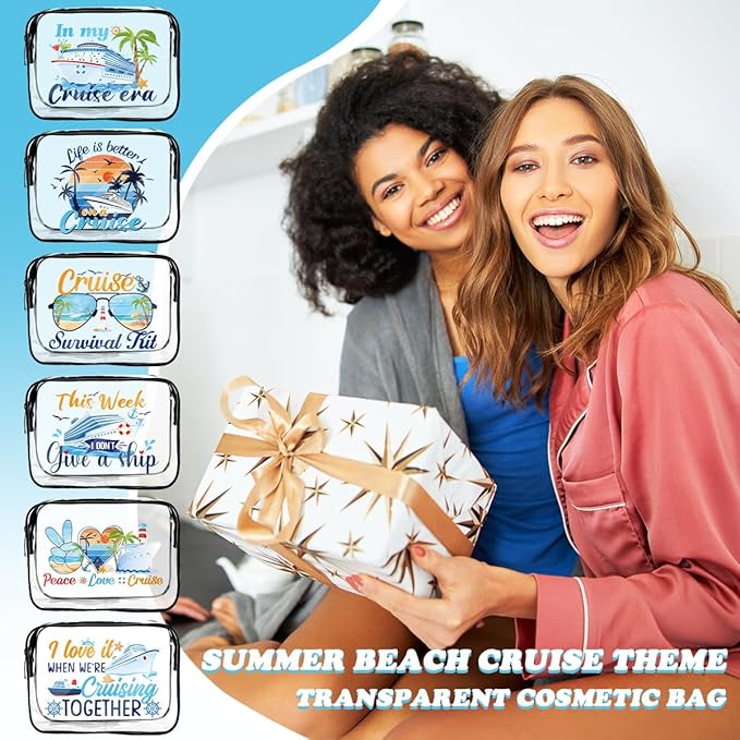 6PC Clear Cruise Makeup Bags Gifts for Women, Clear Beach Cosmetic Bag Cruise Ship Survival Kit Essentials, Travel PVC Waterproof Toiletry Bags for Girls Sister Daughter Nurse Teacher