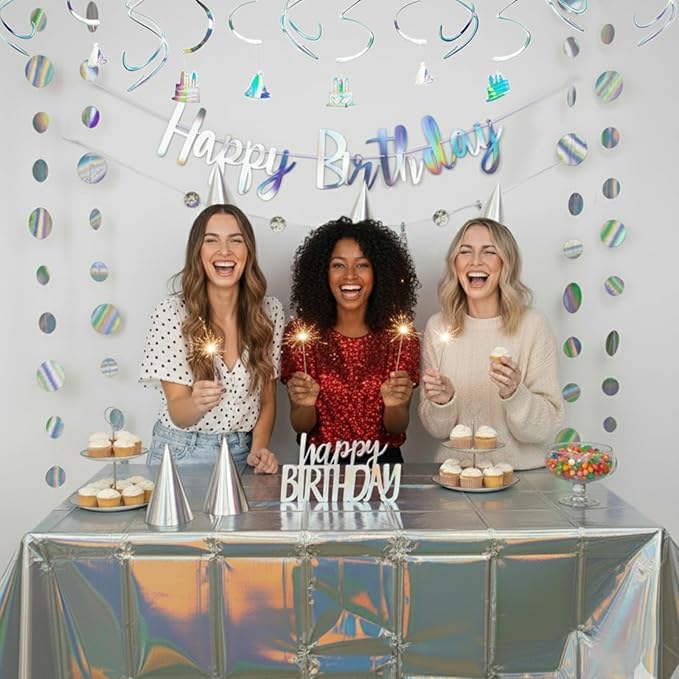 28-Piece Iridescent Birthday Party Decoration Kit – Happy Birthday Banner, Hanging Swirls, Garlands, Table Centerpiece, Tablecloth & Cone Hats for a Shimmering, Photo-Ready Celebration