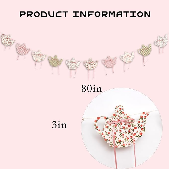 Tea Party Decoration Banner Vintage Garden Teapot Decor, Floral and Gingham Pattern Tea Cup Banner,Tea Party Supplies for Girls, Princesses, Parties, Bridal Showers, Birthday Decor