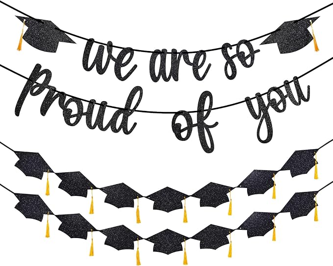 Graduation Decorations 2026, Pre-Strung We Are So Proud of You Banner, Double-Sided Glitter Graduation Banner with Gold Tassels, 2026 Grad Party Decor for College
