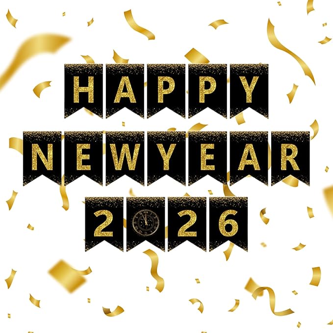 Happy New Year Banner,New Years Eve Party Supplies 2026, No DIY, Black Gold Happy New Year Banner for Outdoor Indoor Home Party Decorations