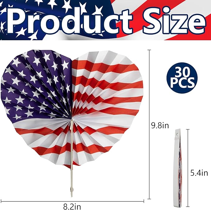 Sfcddtlg 30 Pcs 4th of July Patriotic Themed Paper Fans, American Flag Star and Stripe Folding Fans, Independence Day Red White Blue Handheld Fans for Summer Memorial Day Party Decor Supplies