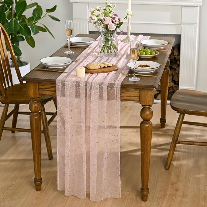 Horaldaily Pink Gold Sparkling Star Gauze Tablecloth 60x84 Inch Rectangular, Golden Star Sequin Glitter Metallic Foil, Sheer Tulle Cheesecloth for Wedding Baby Shower Party