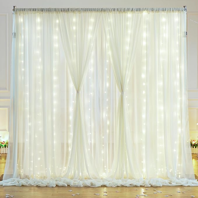 10x10ft Ivory White Chiffon Backdrop Curtain with Lights String for Wedding Sheer Tulle Curtain Photo Backdrops Drapes for Baby Shower Birthday Party Home Ceremony Decorations