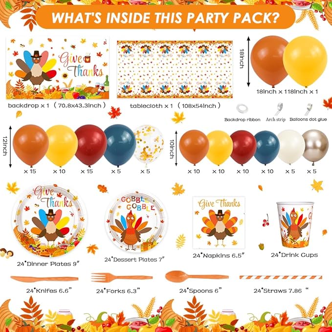 295 Pcs Turkey Thanksgiving Decorations Autumn Disposable Dinnerware Decorations Includes Plates, Cup, Napkin, Tablecloth, Give thanks Themed Balloons Disposable Tableware Serve 24 Guests