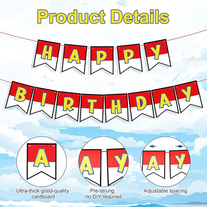 Cartoon Red White Yellow Happy Birthday Party Banner, Ultra-Thick Premium Paper Letter Birthday Garland, Adjustable Spacing Perfect Kid Birthday Hanging Sign Decoration Supplies(No DIY Required)