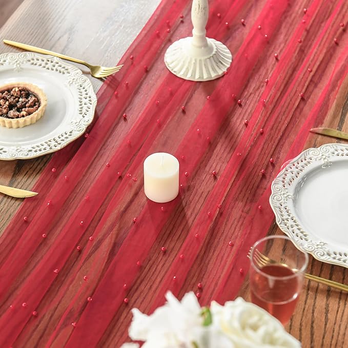 Artoid Mode 3PCS Pearl Red Gauze Table Runner 120 Inch 10FT, Seasonal Sheer Dining Holiday Wedding Birthday Baby Shower Table Decor for Home Party