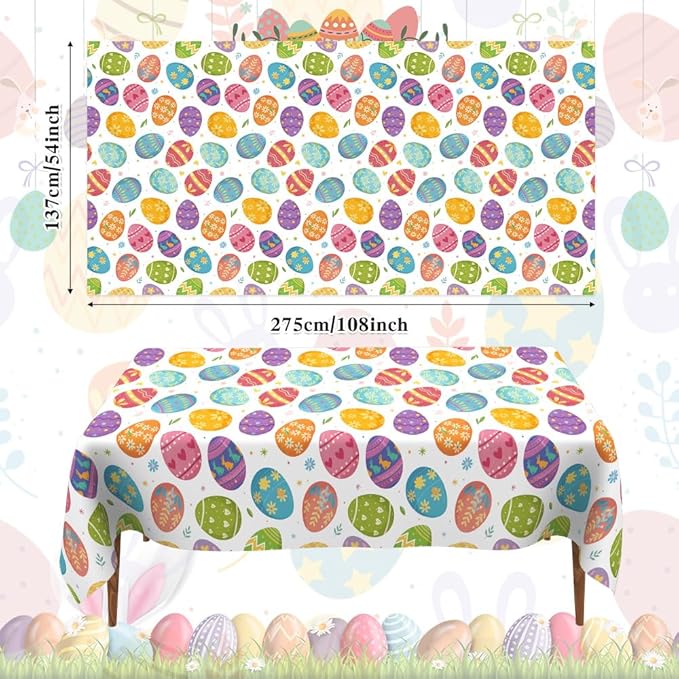 2 PCS Easter Tablecloths(54x108 Inch) Disposable Plastic Easter Eggs Tablecloth Spring Table Cloth Cover Holiday Party Favors Supplies Decorations Home Dinner Kitchen Table Decor Backdrop Photo Props