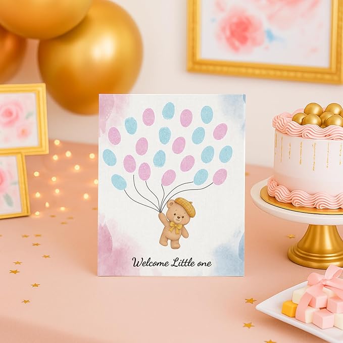 2PCS Fingerprint Guestbook with Bear and Bunny Baby Shower Guest Book Party Ideas Gender Reveal Fingerprint Guest Book with 2 Pens and 6 Stickers Gender Reveal Party Decorations