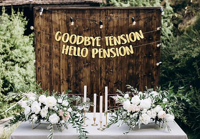 Pre-Strung Goodbye Tension Hello Pension Gold Glitter Banner - Funny Retirement Decorations for Men and Women - Retirement Party Supplies and Gifts
