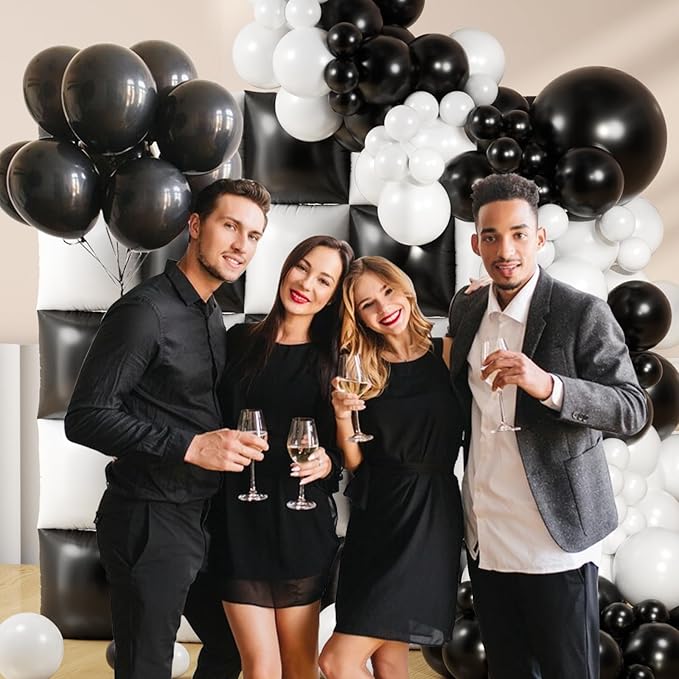 75Pcs Black and White Square Foil Balloons Wall Tunnel Backdrop Double Sided with White Black Balloons Arch Garland Kit for Checkered Racing Car Birthday Party Decoration