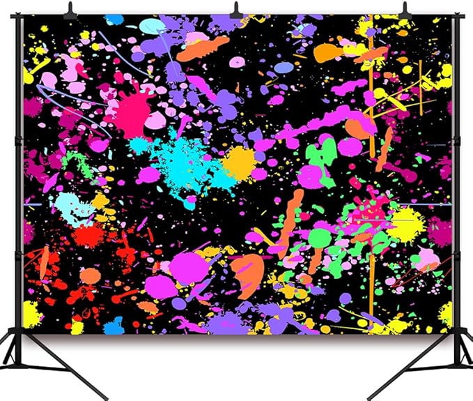 15x8Ft Neno Glow in The Dark Birthday Backdrops Colorful Graffiti Splash Paint Party Background Slime Happy Birthday Black Light Sleppover Party Decorations Birthday Banner