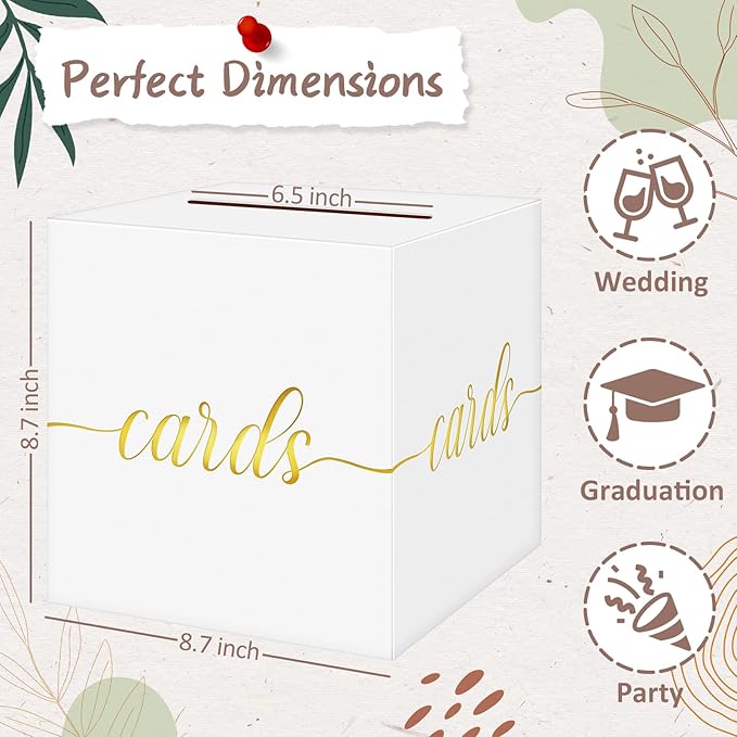 QIKSION White Wedding Card Box, Gold Foil Gift Card Box for Party, Wedding Reception, Birthday, Graduation Decorations, Baby & Bridal Shower, Anniversary, Retirement