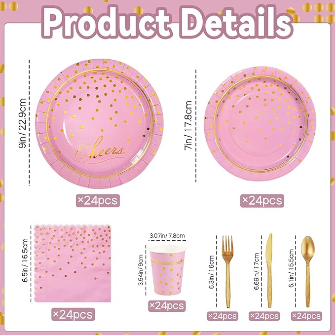 OuMuaMua Disposable Pink Paper Plates Party Supplies for 24 Guests, 168 Pcs Party Plates, Cups and Napkins with Utensils Set for Girls Birthday Baby Shower Princess Party Decor