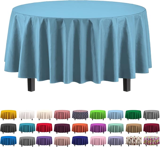 Exquisite Party Solids 6-Pack Premium Plastic Tablecloth 84in. Round Plastic Table Cover - Sky Blue