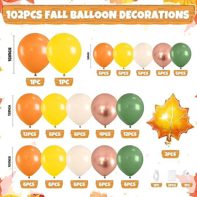 Fall Balloon Arch Kit, Burnt Orange Mustard Yellow Metallic Rose Gold Ivory White Nude Autumn Balloons with Maple Leaves Foil Balloons for Fall Baby Shower Decorations Thanksgiving Party Birthday