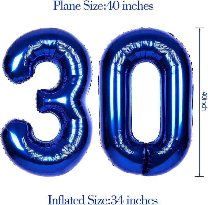 40Inch Navy Blue Number 30 Balloon Large Helium Royal Blue Number Balloons 0-9 Giant Digital 30th Foil Mylar Big Party Balloon for Boy Birthday Party Anniversary Graduation Decorations