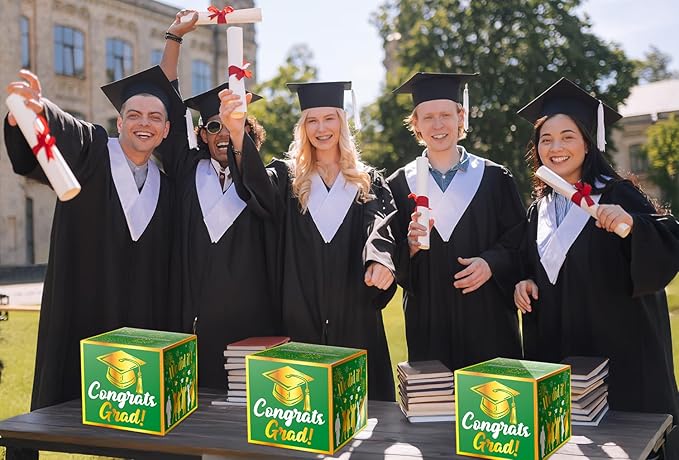 JWSCYSY Graduation Card Box Holder, Congrats Grad Foldable Cardboard Decorations Box for Graduation Party Favors Decor Party Supplies (Green Gold)