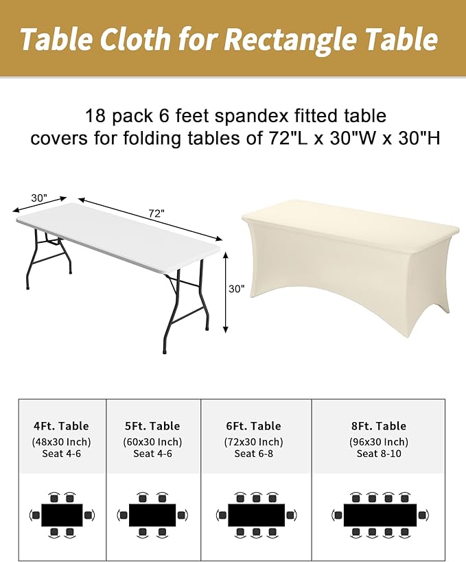 Fixwal 3 Pack Ivory Table Cloths Rectangle 6FT, Tablecloths Rectangular Stretch Spandex Fitted Table Covers 6ft for Parties, Trade Shows, Banquet, Weddings, Buffet, Graduation