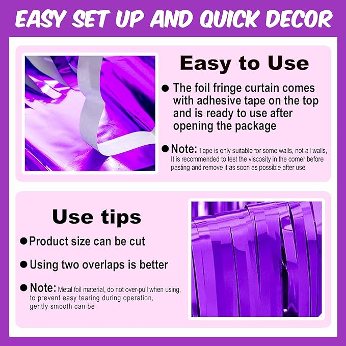 3 Pack Purple Foil Fringe Curtains Backdrop, 3.28 x 8.2 Ft Metallic Streamers Tinsel Curtains Background for Photo Booth, Birthday, Halloween, Christmas, Thanksgiving, New Year Party Decorations