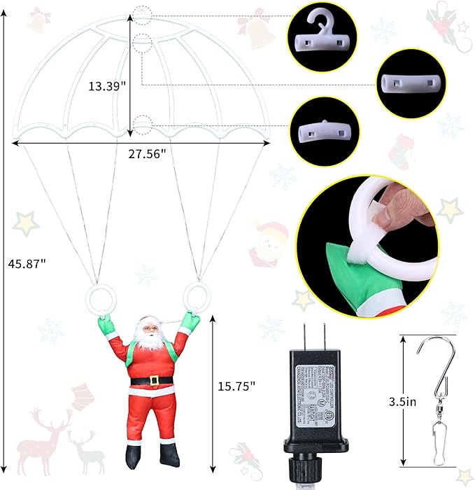 Toodour Christmas Decorations Lights Outdoor, 2.8FT Christmas Parachute Lights with Santa Claus, Waterproof 8 Modes Hanging White Xmas Light - Holiday Decorative Light for Indoor Eave Roof