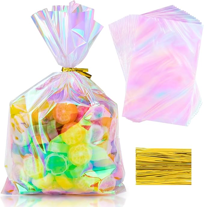 50Pcs Iridescent Cellophane Treat Bags with Ties, 6x9 Inch Holographic Plastic Goodie Baggies for Party Favors, Candy, Cookies Packing, Gift Wrapping