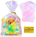 50Pcs Iridescent Cellophane Treat Bags with Ties, 6x9 Inch Holographic Plastic Goodie Baggies for Party Favors, Candy, Cookies Packing, Gift Wrapping