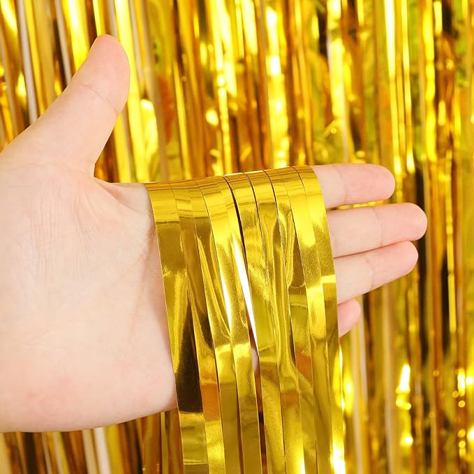 2 Pack Fringe Curtains Backdrops, Foil Fringe Curtains, Door Streamers for Birthday Wedding Bridal Shower Holiday Graduation Party Decorations, Photo Booth Backdrops, Gold