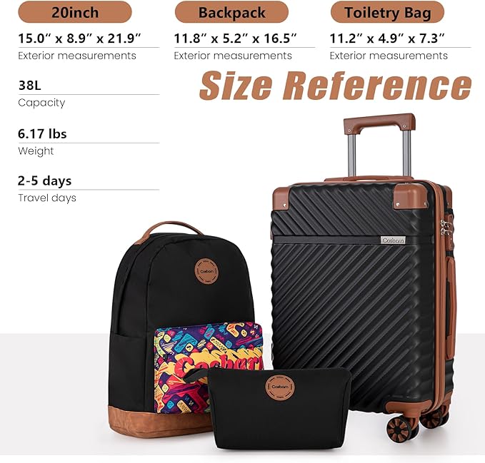 Cosbarn Carry On Luggage 22x14x9 Airline Approved, Hardside 20 Inch Carry on Suitcases with Wheels, Hard Shell ABS Lightweight Carry on Luggage Set, Travel Suitcase Set with TSA Lock, Black