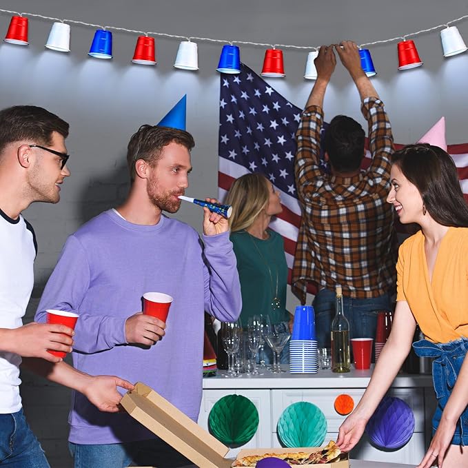Hiboom Red White and Blue Cups Light, Christmas Shot Cups Fairy String Lights Battery Operated LED for 4th of July Independence Day Christmas Decor Memorial Day Bar Graduation RV Party(1 Pack)