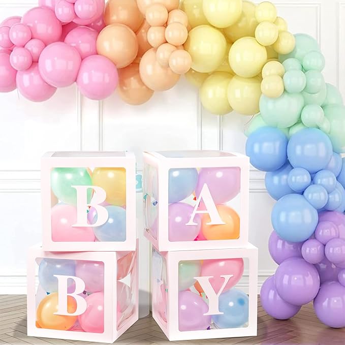 Baby Boxes with Letters for Baby Shower, 4 Transparent Balloon Boxes with Letters for Gender Reveal Birthday Wedding Baby Shower Decorations(Pastel Balloons)