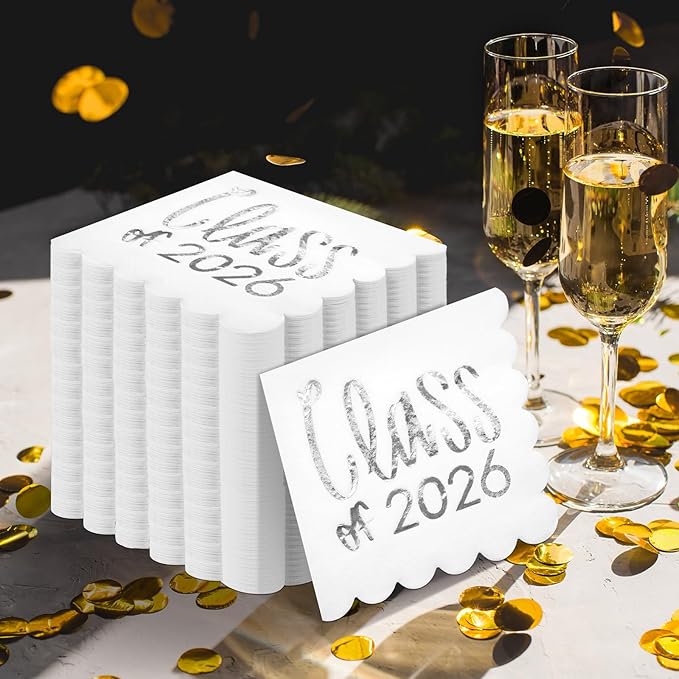 100 Pcs Class of 2026 Graduation Cocktail Napkins 5 x 5 Inch Congrats Grad Scalloped Paper Napkins for Dinner Beverage Graduate Decorations(Silver)