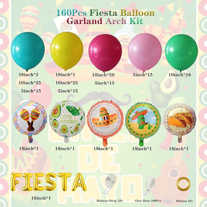 Cinco de Mayo Fiesta Balloon Garland Arch Kit, 160Pcs Rainbow Rose Red Pink Blue Yellow Green Blue Balloons for Mexican Fiesta Party Decorations