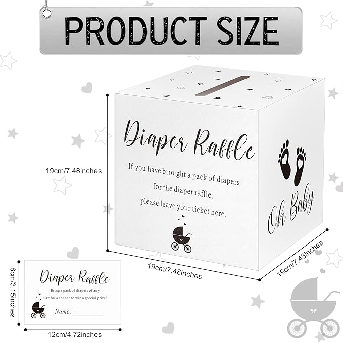 Funrous 51 Diaper Raffle Tickets with Box for Baby Shower Game Invitations Diaper Raffle Card for Gender Reveal Baby Shower Party Decoration Table Centerpiece(White Color)