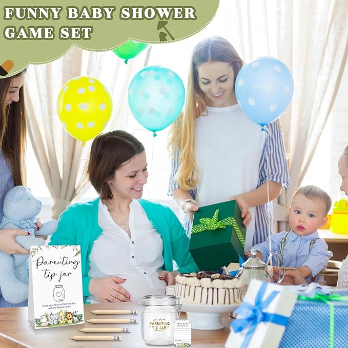 Roowest Baby Shower to Baby Advice Cards for New Parents to Be - Tip Jar Sign for New Parents 60 Parenting Advice Cards 10 HB Pencils 2 Cute Stickers 1 Pet Bottle for Guests Games(Animal)