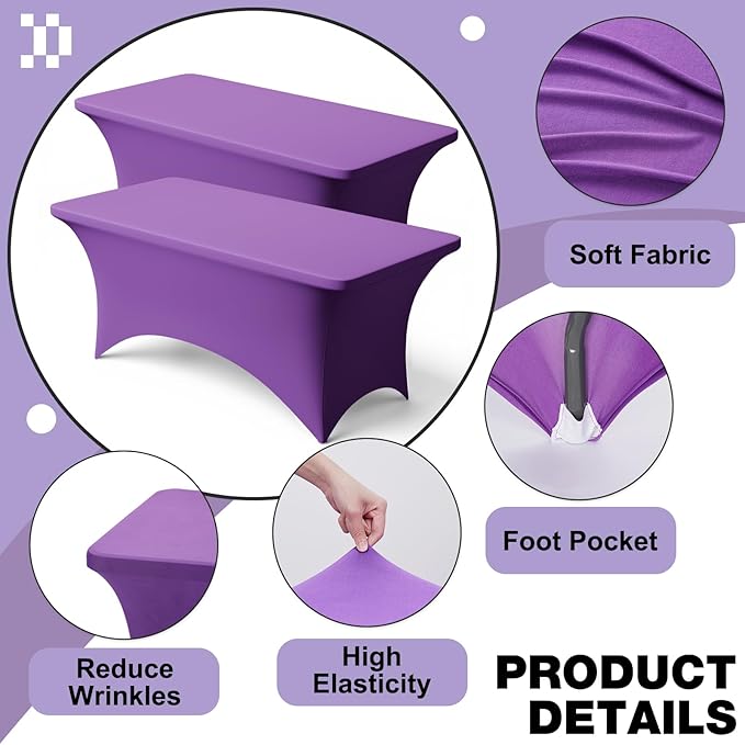 Trlyc 2 Pack 8FT Spandex Table Cloth - 96 x 30 Inch Rectangular Stretch Tablecloth, Wrinkle Resistant Scretch Table Cover for Wedding, Party, Banquet, Picnic, Outdoor Decoration (2Pcs,Purple)
