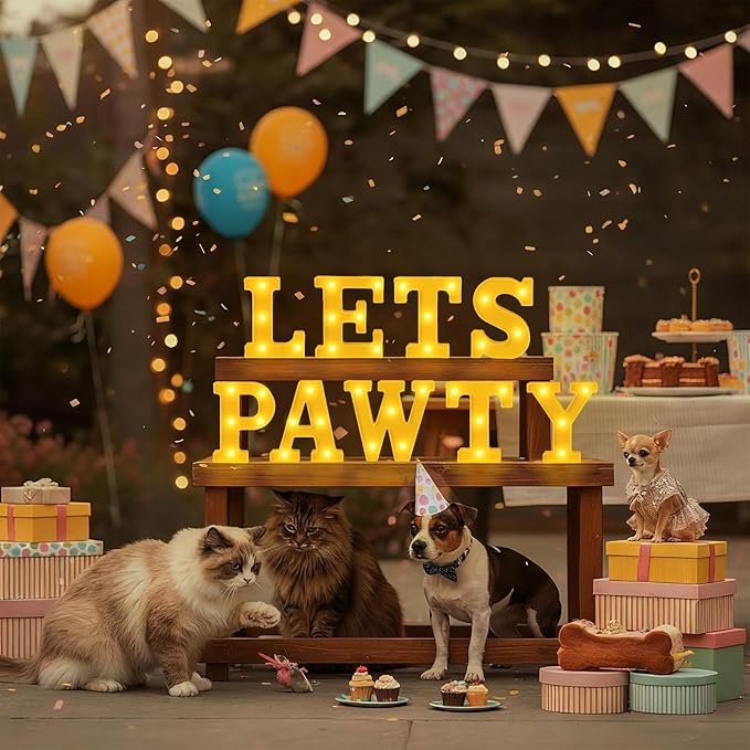 Honoson 9 Pcs Lets Pawty Light Dog Cat Pet Birthday Party Decorations 6.42 Inch Light up Sign LED Neon Table Decoration for Pet Puppy Cat Party Supplies Decorations