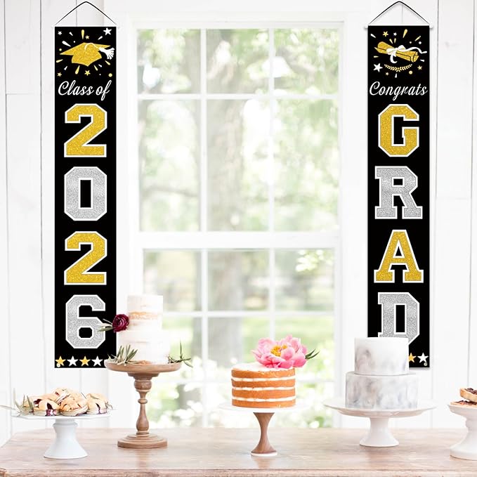 DAZONGE Graduation Decorations 2026, Black & Gold Class of Decorations 2026, Graduation Porch Banners for Any Schools or Grades Party Supplies